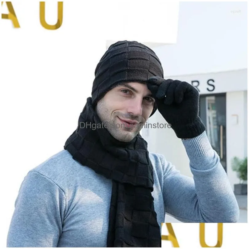 hats scarves gloves sets european and american fashion knitting three-piece suit pure color warm sleeve head wool hat scarf glove set