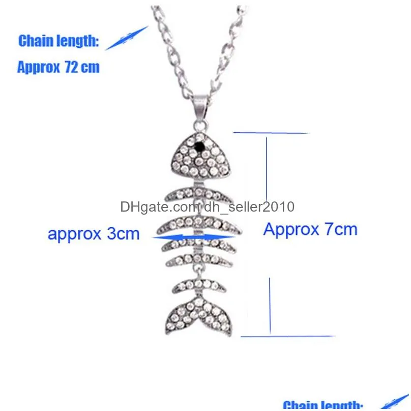 Crystal Rhinestone Fishbone Pendant Necklace for Women Lady Fashion Sweater Chain Long Necklace Gold Silver Plated Jewelry Wholesale