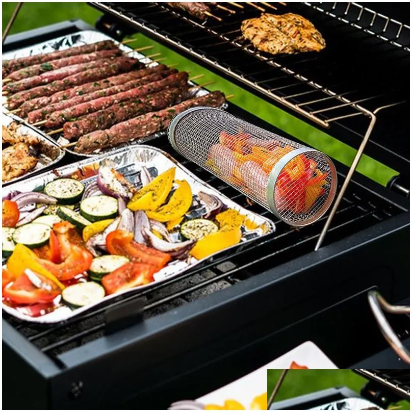 stainless steel barbecue cooking grill grate outdoor camping bbq drum grilling basket campfire grid picnic cookware for kitchen