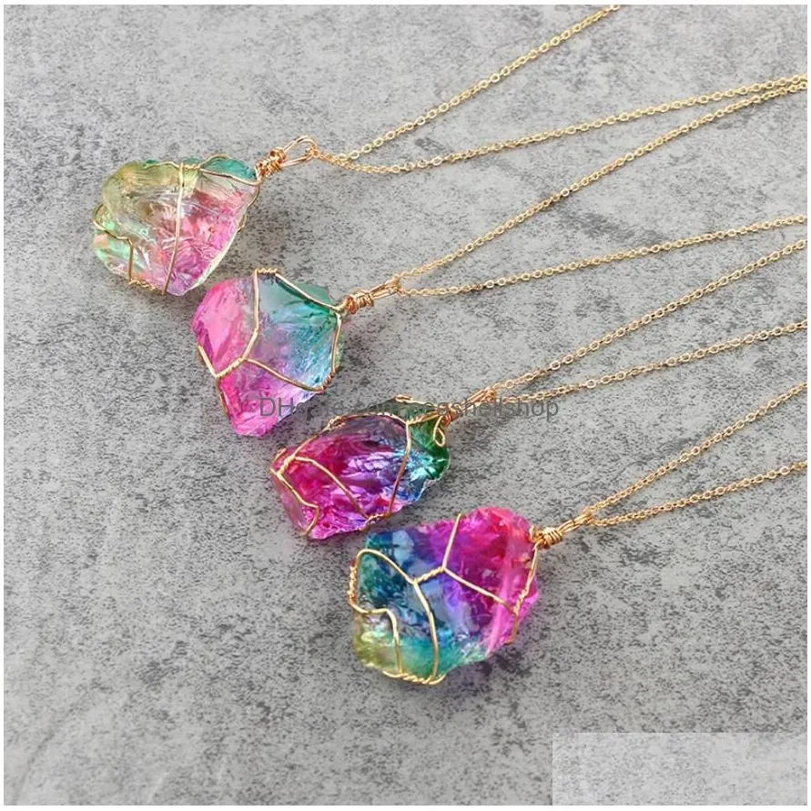 irregular rainbow natural stone quartz crystal pendants necklaces for women drusy druzy gold color chain statement necklace jewelry