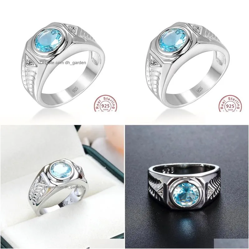 Band Rings Men Aquamarine Gemstones Blue Zircon Rings For Vintage Luxury 925 Sterling Sier Wedding Jewelry Bijoux Drop Delive Dhgarden Otmcv