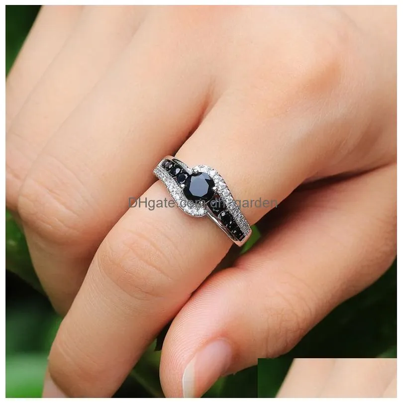 Band Rings Huitan Special-Interest Black Stone Women Wedding Ring Dazzling Crystal Zircon Delicate Gift Top Quality Female C Dhgarden Otlyy