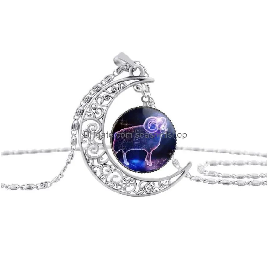 fashion 12 zodiac sign glass cabochon pendant necklace constellation horoscope astrology statement star gemstone necklace gift 