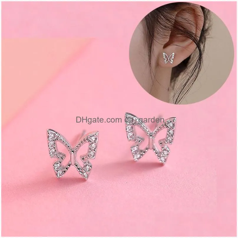 Stud Sier Needle Shiny Zircon Butterfly Earring Sweet Student Jewelry Accessories French Simple Crystal Bud Stud Earrings Dr Dhgarden Oteif