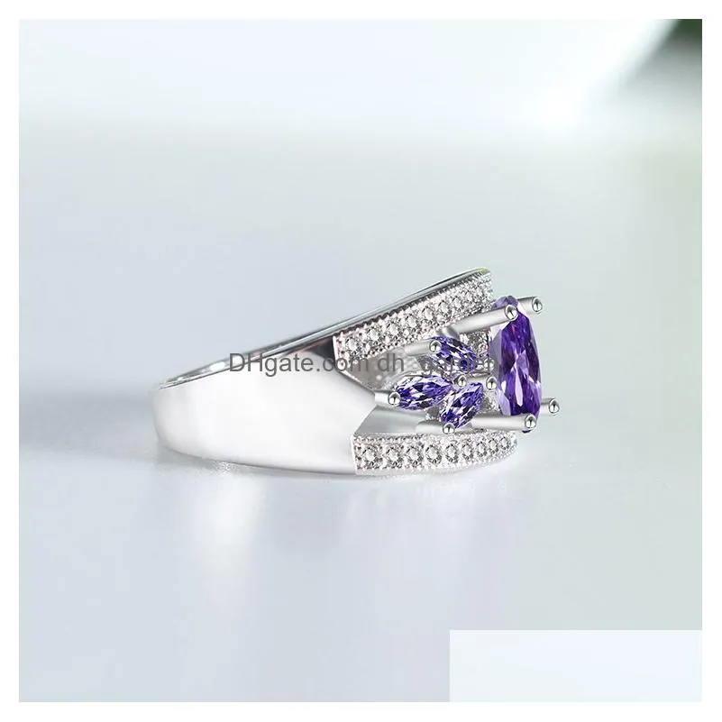 Band Rings Fashion Female Rings 925 Sterling Sier Flower Shaped Amethyst Wedding Ring For Women Girls Nice Gift Birthday Dro Dhgarden Otv5G