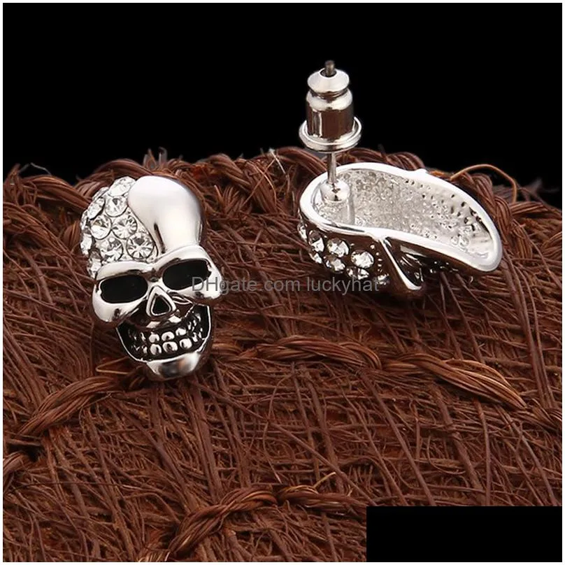 Cool Earrings Punk Fashion Rose Gold Silver Tone Crystal Diamond Skull Pierced Ear Stud Earrings Vintage Jewelry Halloween Gifts