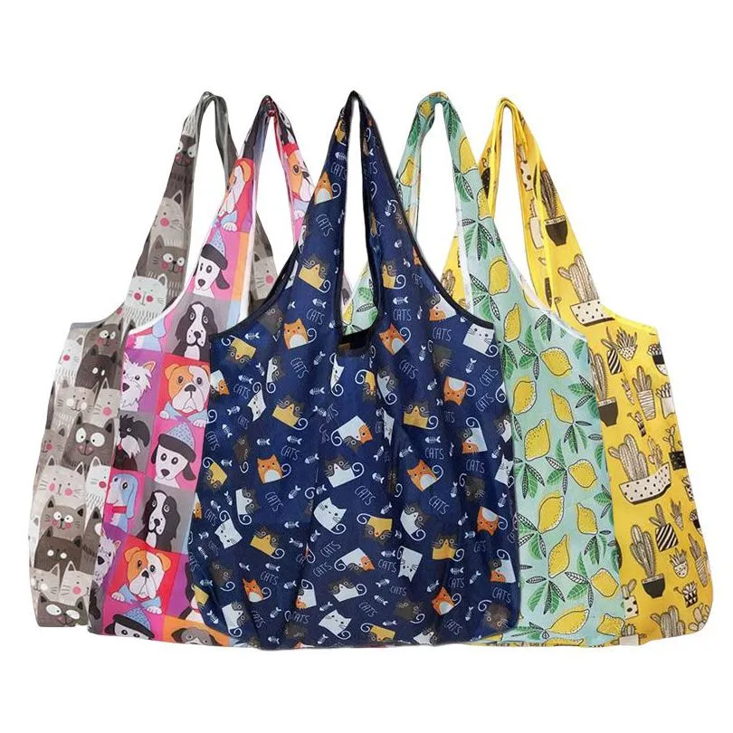 10pcs foldable shopping bag reusable travel grocery bag eco-friendly cartoon cat dog cactus lemon printing tote bag handbag