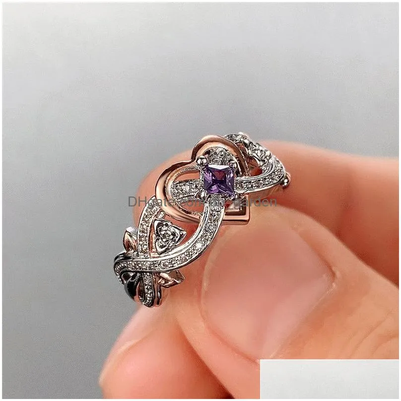 Band Rings Creative Womens Heart Rings With Romantic Rose Flower Design Wedding Engagement Love Ring Aesthetic Jewelry Drop Dhgarden Otcgt