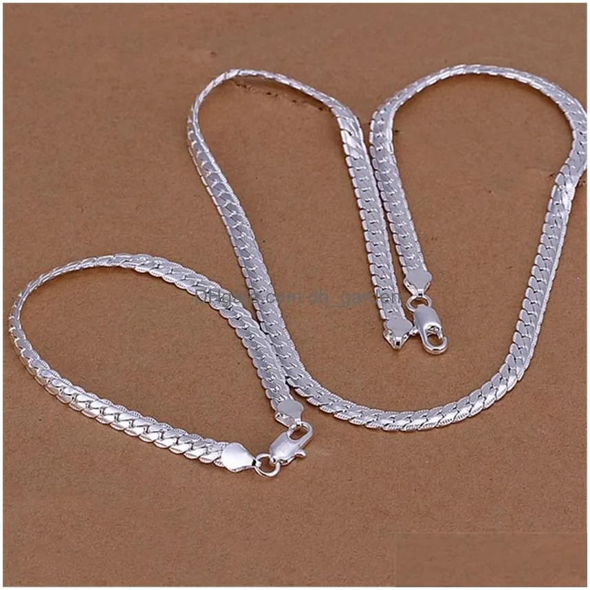 Other Jewelry Sets Sier Color Christmas Gifts Retro 6Mm Flat Chain Necklace Bracelets Fashion For Man Women Jewelry Sets S08 Dhgarden Otjhp