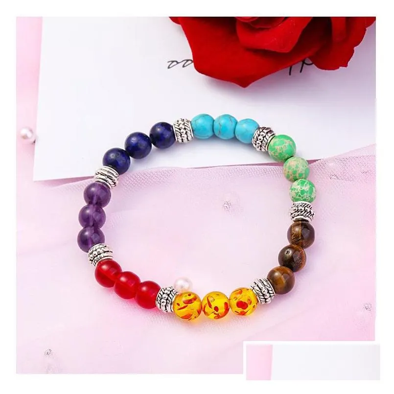 Beaded New 7 Chakra Natural Stone Bracelet Men Black Lava Healing Crystal Nce Beads Reiki Buddha Prayer Yoga Bangle For Women Diy Jewe Dhkgm