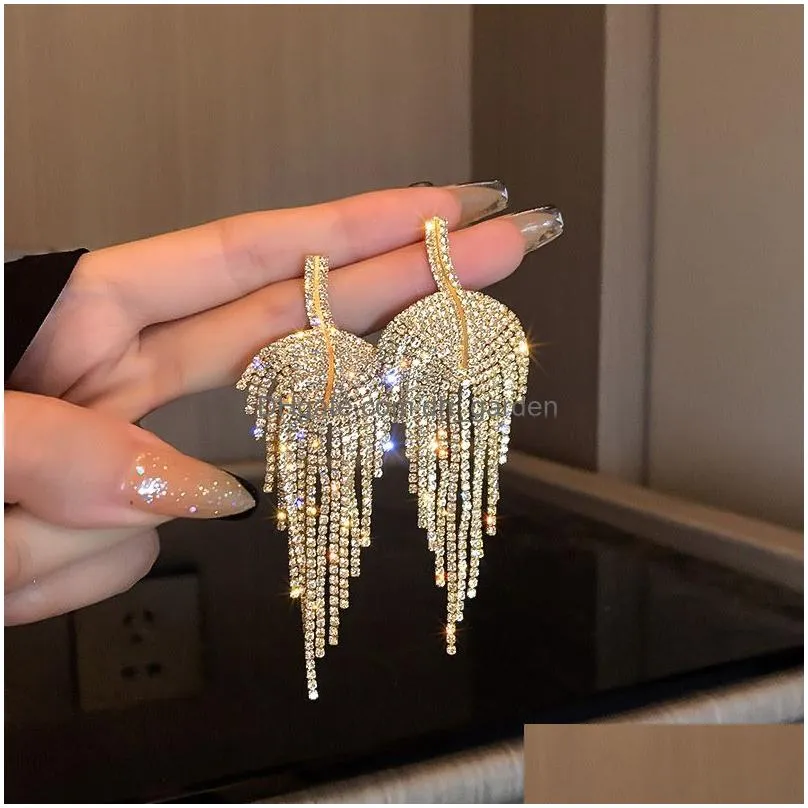 Dangle & Chandelier Long Tassel Fl Rhinestone Drop Earrings Gold Color Leaf Dangle For Women Fashion Jewelry Accessories Dro Dhgarden Otcoh