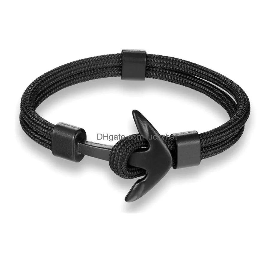 Trendy Punk Black Anchor Charm Bracelets for Men Handmade Multilayer Rope Chain Leather Bracelet Navy Hand Lucky Survival Vintage