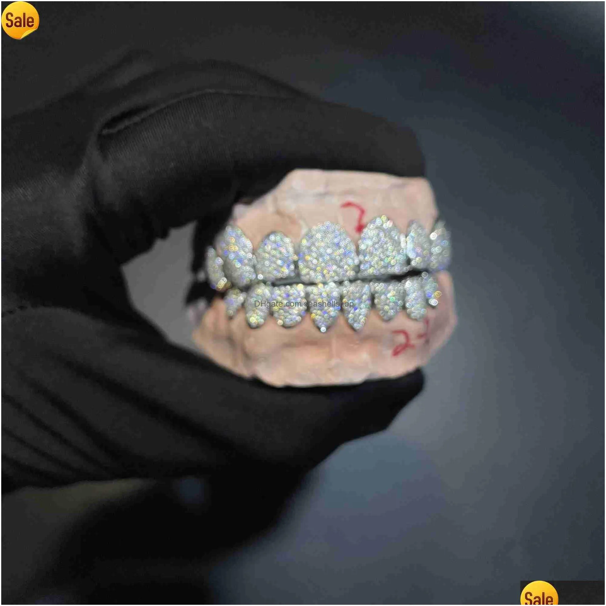 sparkle custom made hip hop iced out 925 sterling silver grills gold jewelry zigzag setting vvs moissanite teeth mouth grillz