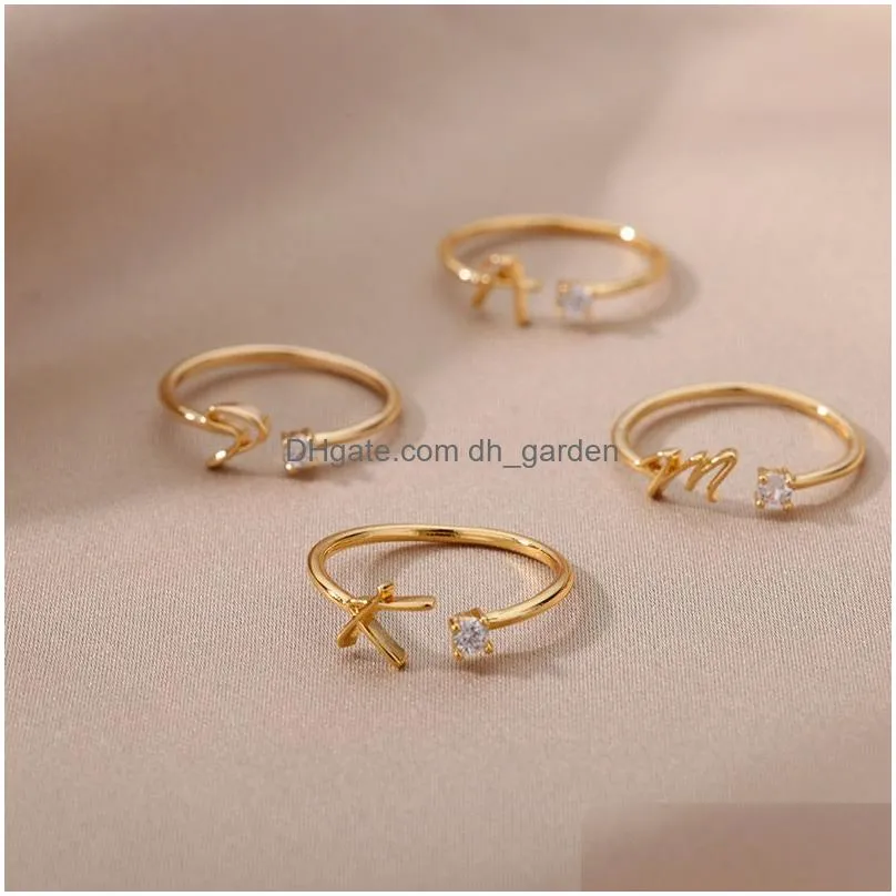 Band Rings Tiny Initial Letter Rings For Women Gold Stainless Steel Finger Adjustable A-Z Ring Boho Aesthetic Jewelry Bijoux Dhgarden Otzox