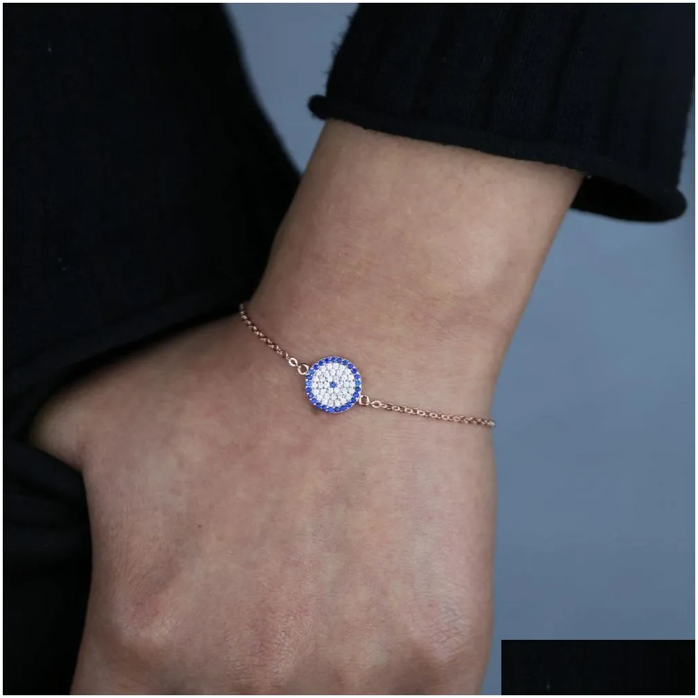 100% 925 Sterling Silver Cute Lucky Blue White CZ Evil Eye Link Chain for Women Minimal Delicate Turkish Thin Chain Adorable Bracelet