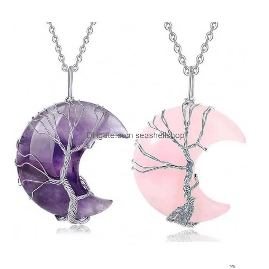 natural crystal pendant tree of life moon shape necklace for women men polished mineral healing jewelry choker gifts