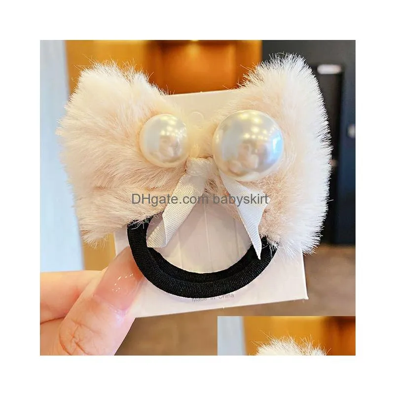 2021 Autumn Winter New Women Girls Cute Plush Bow Pearl Scrunchie Sweet Hair Decorate Elastic Hair Band Fashion Hair Accessories