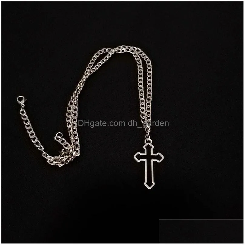 Pendant Necklaces Vintage Gothic Hollow Cross Pendant Necklaces Sier Color Cool Street Style Necklace For Men Women Gift Who Dhgarden Ot23Q