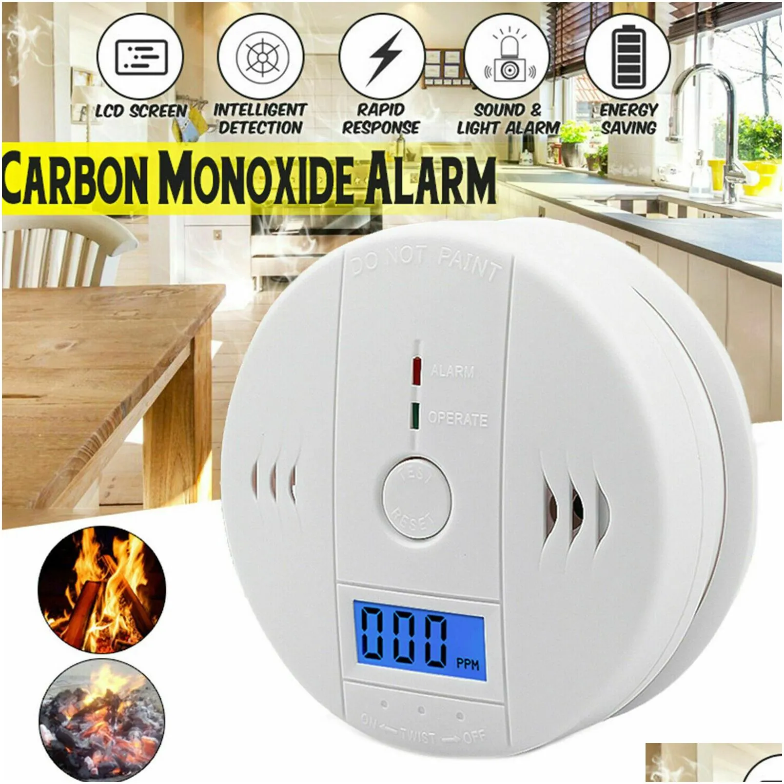 Alarm Accessories Carbon Monoxide Detector Co Alarm Sensor Battery Operated With Lcd Digital Display For House Kitchen Bedroom Living Dheus