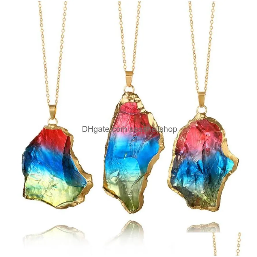 irregular rainbow natural stone quartz crystal pendants necklaces for women drusy druzy gold color chain statement necklace jewelry