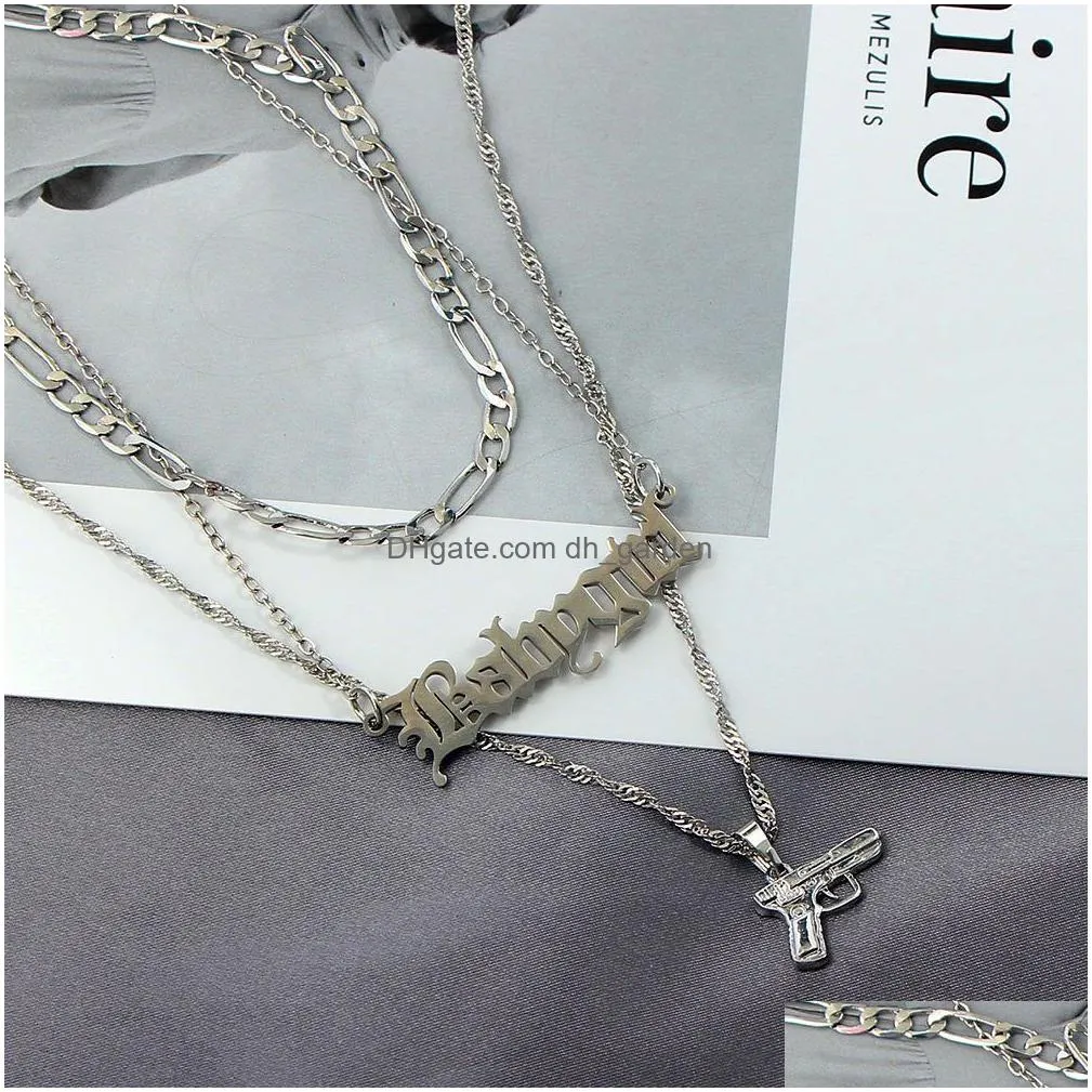 Pendant Necklaces Punk Cute Mini Pistol Letters Figaro Collier Necklace For Women Men Sier Color Mti Layered Crystal Gun Ten Dhgarden Otdoi