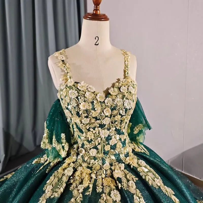 Emerald Green Shiny Beaded Gold Lace Applique Tulle Ball gown Quinceanera Dress Cocktail Dresses Vestidos De 15 Baile Ball Gown