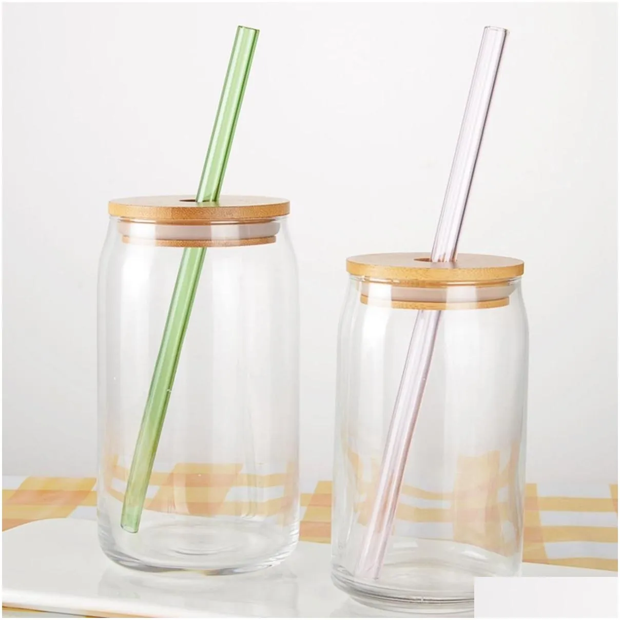 US STOCK 16oz Sublimation Glass Can Glasses Beer Glass Tumbler Frosted Drinking with Bamboo Lid and Reusable Straw