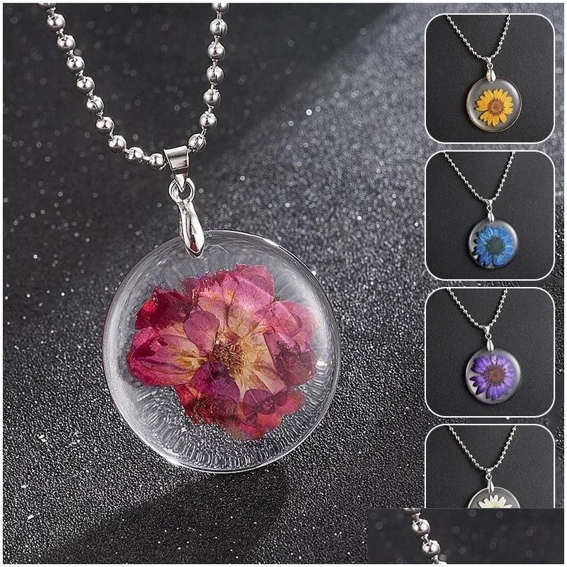 Pendant Necklaces Women Fashion Real Natural Dried Flower Necklace Simple Round Resin Pendant For Gift Jewelry Wholesale Drop Delivery Dhk8K