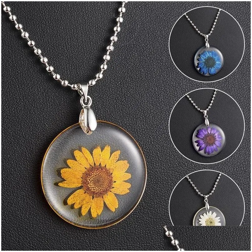 Pendant Necklaces Women Fashion Real Natural Dried Flower Necklace Simple Round Resin Pendant For Gift Jewelry Wholesale Drop Delivery Dhk8K