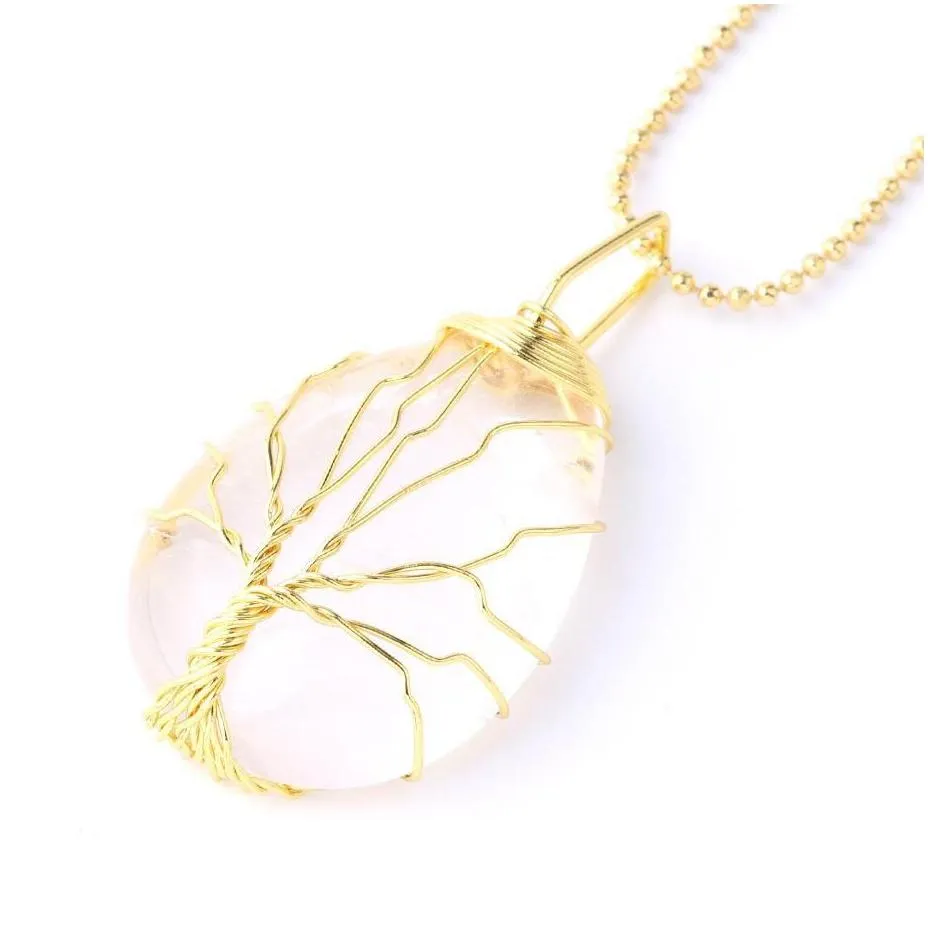 Pendant Necklaces Natural Gemstone Crystal Pendant Necklaces For Men Women Rose Quartz Tiger Eye Opal Tree Of Life Pendants With Gold Dhuys