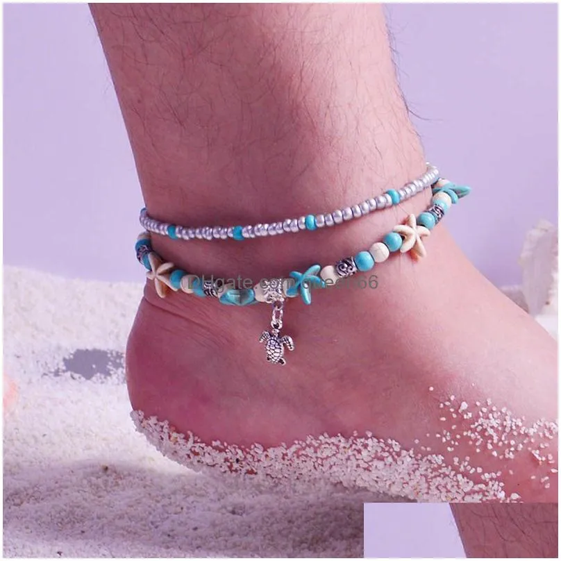 Fashion Ocean Element Anklets Beads Starfish Chain With Charm Classical Foot Acsessories Mix Style