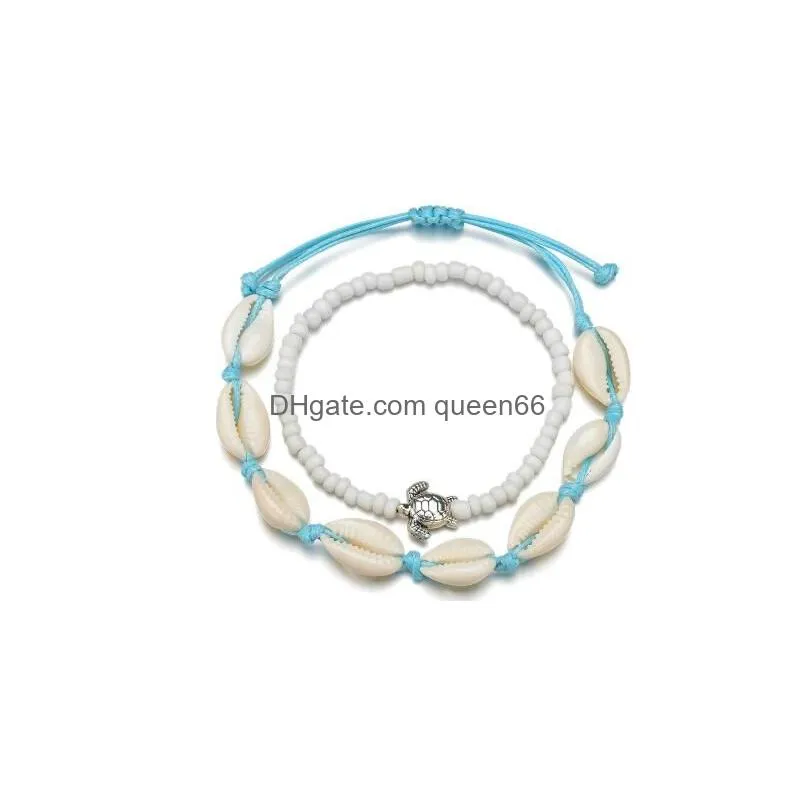 Vsco Puka Shell Anklets 2 pieces set for Vsco Girl Woven Natural Shells Hawaiian Style Casual Hand Ornament Beach Seashell Anklets