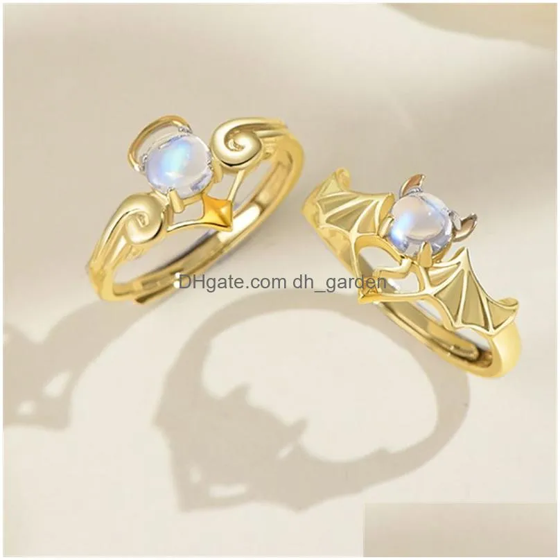Band Rings Romantic Angel And Demon Wings Couple Rings For Women Goth Fashion Moonstone Adjustable Opening Finger Mens Ring Dhgarden Ot49C
