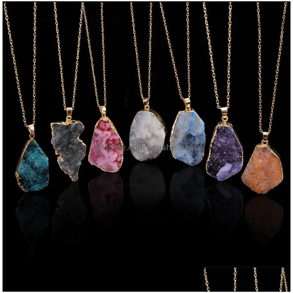 irregular rainbow natural stone quartz crystal pendants necklaces for women drusy druzy gold color chain statement necklace jewelry