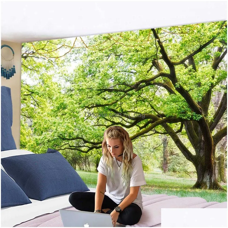 Green Plant Landscape Tapestry Wall Hanging Natural Environmental Protection Hippie Bohemian Travel Mattress Wall Decor 210609