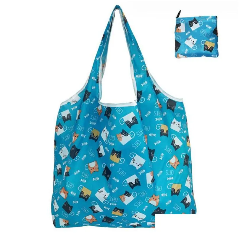 10pcs foldable shopping bag reusable travel grocery bag eco-friendly cartoon cat dog cactus lemon printing tote bag handbag