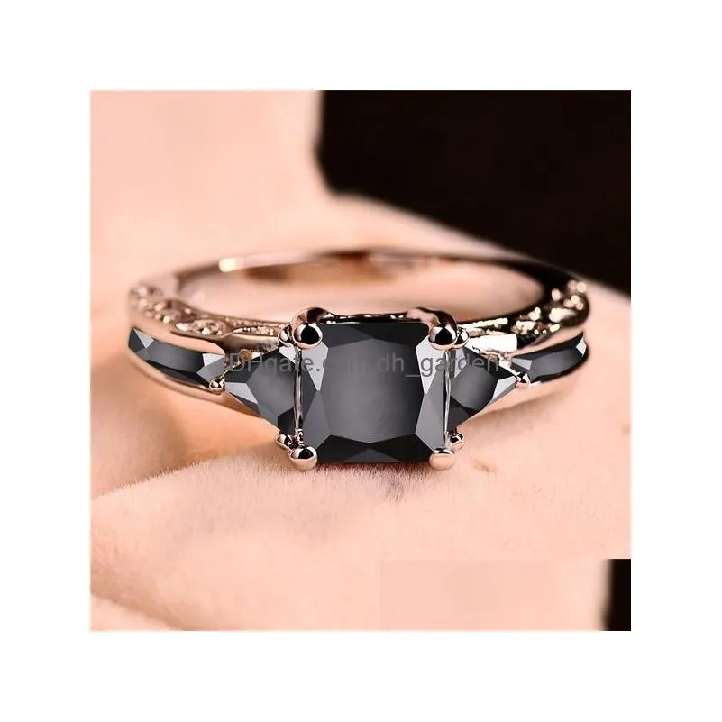 Band Rings Sier Trendy Ring For Women Elegant Princess Black Zircon Stones Wedding Drop Delivery Jewelry Ring Dhgarden Otugj