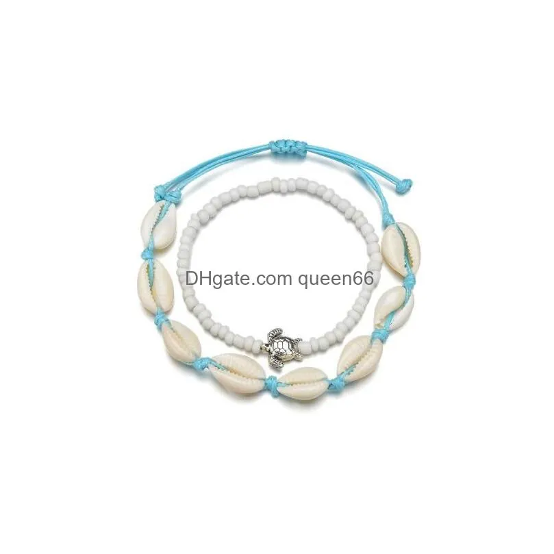 Vsco Puka Shell Anklets 2 pieces set for Vsco Girl Woven Natural Shells Hawaiian Style Casual Hand Ornament Beach Seashell Anklets