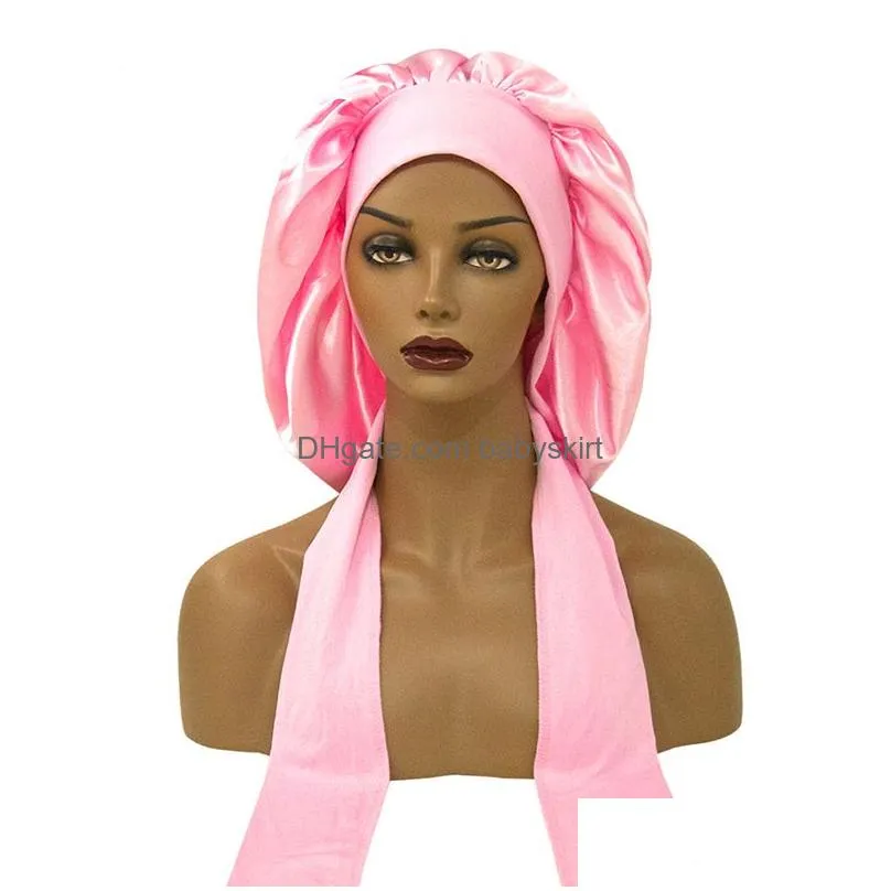 Women Satin Night Sleep Cap Large Hair Bonnet Long Tail Hat Silk Head Cover Wide Elastic Band Brimmed Shower Nightcap Head Wrap Chemo Cap