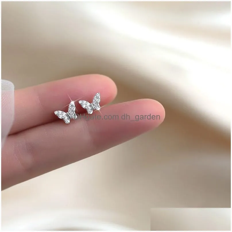 Stud Sier Needle Shiny Zircon Butterfly Earring Sweet Student Jewelry Accessories French Simple Crystal Bud Stud Earrings Dr Dhgarden Oteif