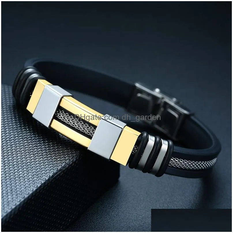 Chain Stainless Steel Bracelet Men Wrist Band Black Sile Mesh Link Insert Punk Casual Bangle Drop Delivery Jewelry Bracelets Dhgarden Otn58