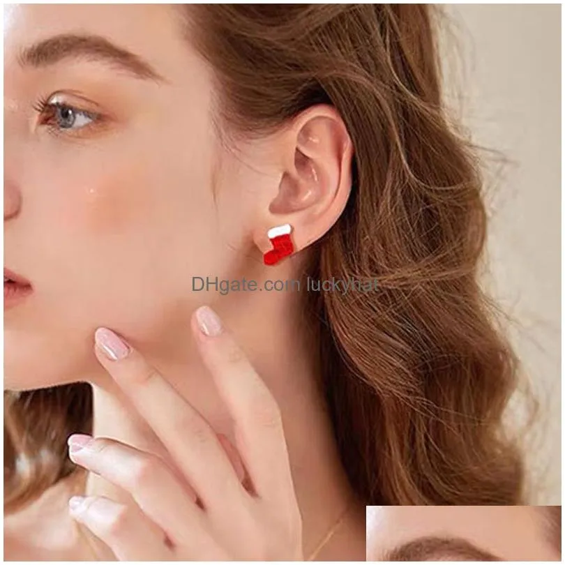 Christmas Creative Rhinestone Sock Hat Stud Earrings For Women Girls Exquisite Enamel Moon Drop Earring Imitation Pearl Fashion Jewelry New Year