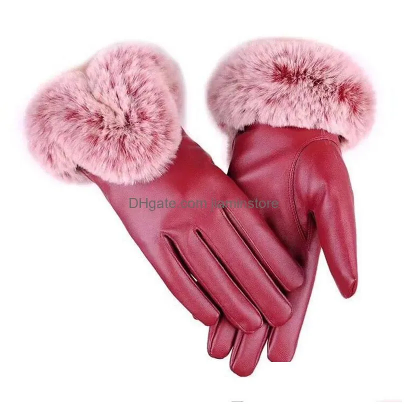 soft comfort outdoor winter double thick plush wrist women windproof touch screen warm faux leather full finger driving gloves