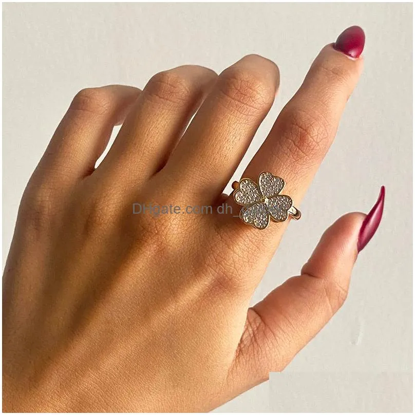 Band Rings Zircon Rotatable Four Leaf Clover Anxiety Rings For Women Stainless Steel Anti- Fidget Spinner Ring Aesthetic Jew Dhgarden Otprz