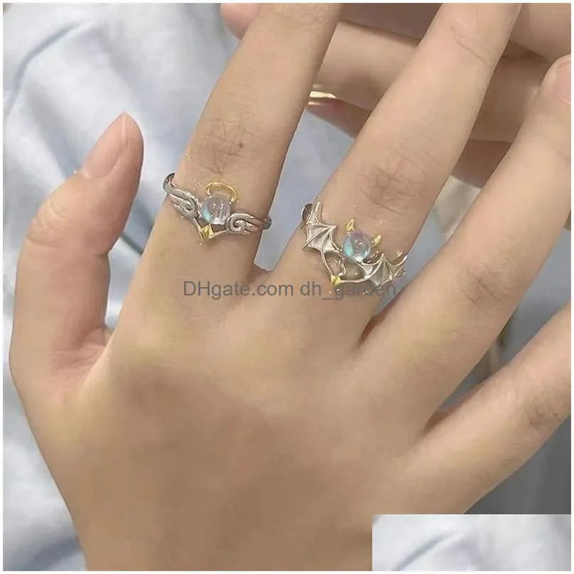 Band Rings Romantic Angel And Demon Wings Couple Rings For Women Goth Fashion Moonstone Adjustable Opening Finger Mens Ring Dhgarden Ot49C