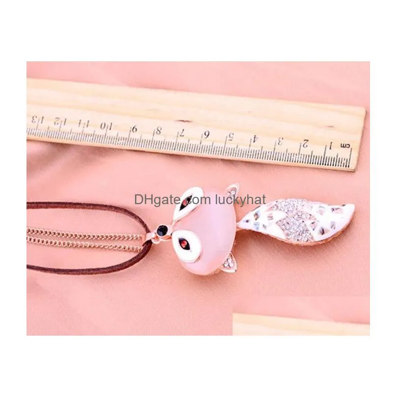 Opal Enamel Rhinestone Animal Pendant Necklaces For Women Lady Fashion Sweater Chain Leather rope Long Necklace Jewelry