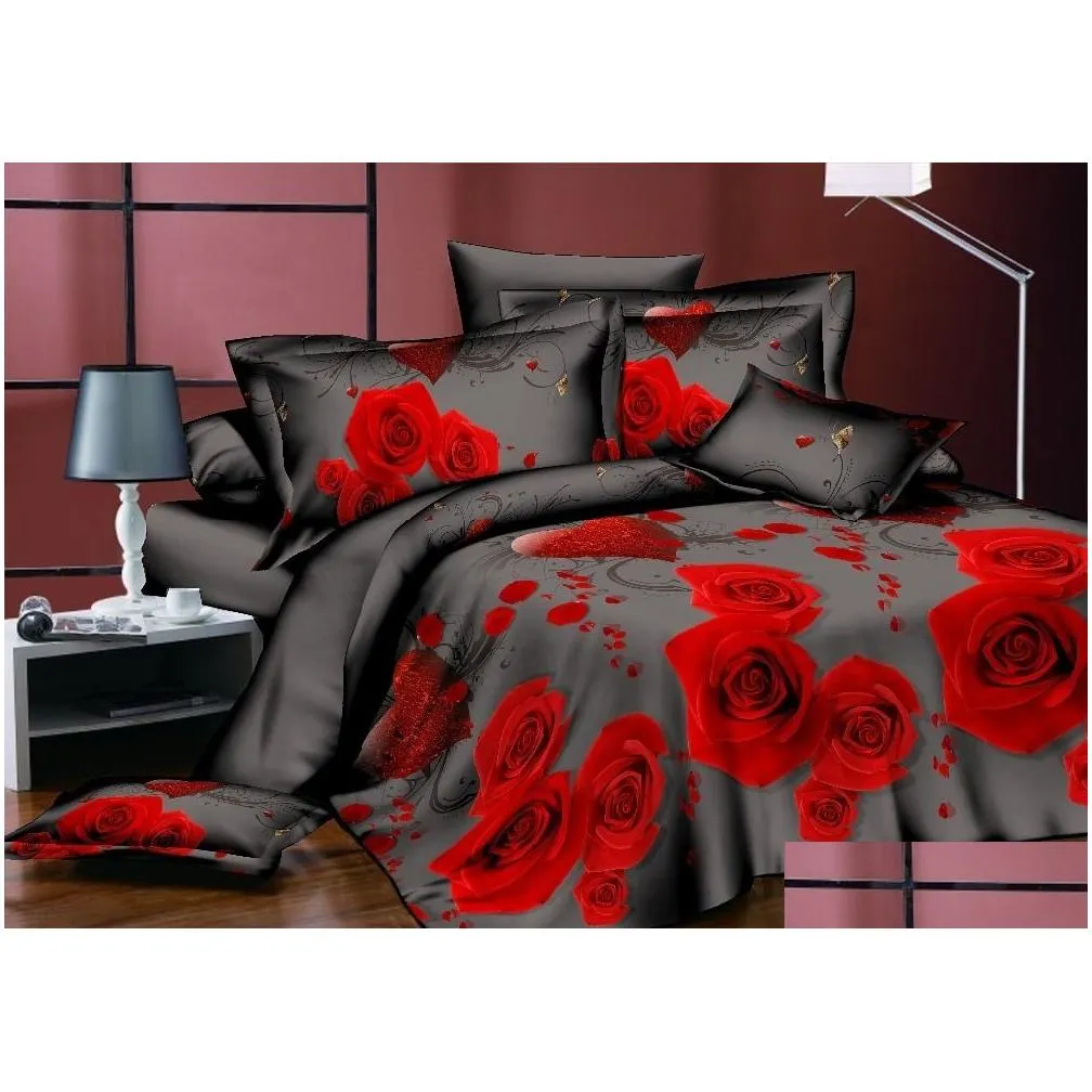 Bedding Sets Bedding Sets 3D Comforter Er King Size Set 34Pcs Wedding Duvet Sheet Pillowcases Red Rose Lily Bedclothes Romantic Love 2 Dhss1