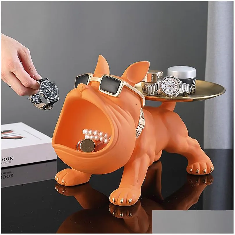 Decorative Objects & Figurines Decorative Objects Figurines Cool French Bldog Butler Dcor With Tray Big Mouth Dog Statue Storage Box A Dhfut