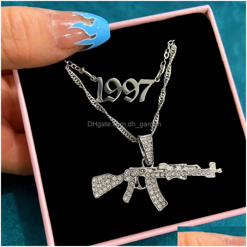 Pendant Necklaces Punk Cute Mini Pistol Letters Figaro Collier Necklace For Women Men Sier Color Mti Layered Crystal Gun Ten Dhgarden Otdoi