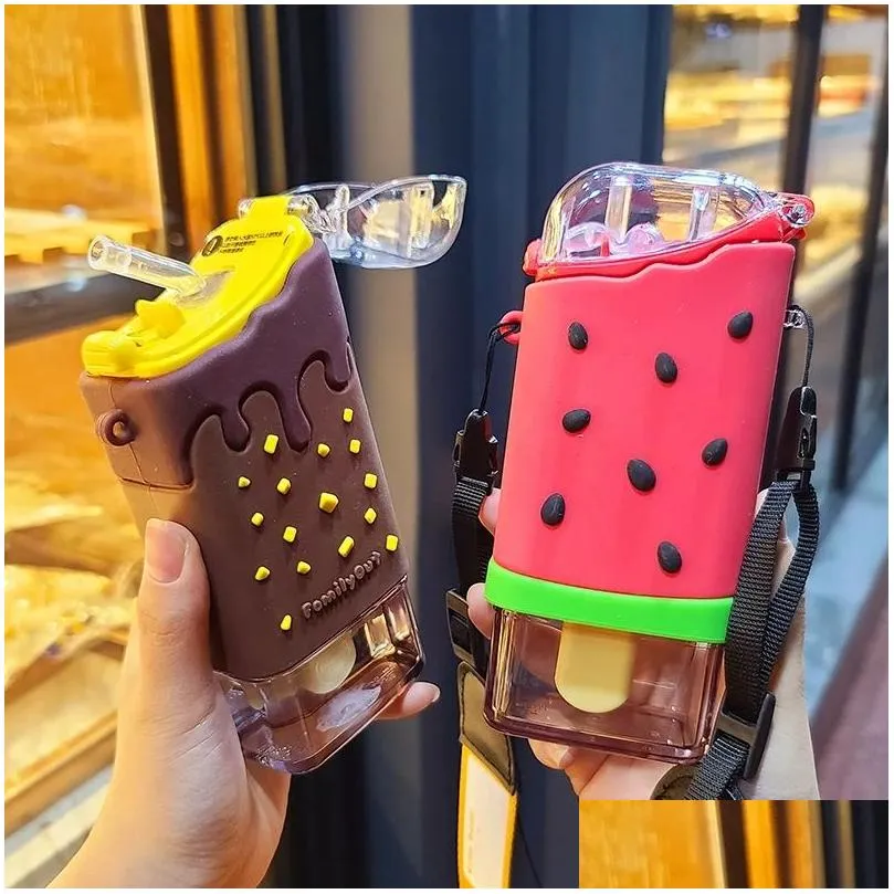 Water Bottles Summer Cute Donut Ice Cream Water Bottle With St Creative Square Watermelon Cup Portable Leakproof Tritan Drop Delivery Dht2Q